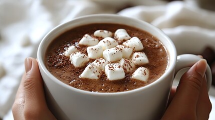 Hot Cocoa with Marshmallows in a White Mug, Hands Holding 