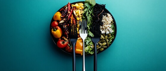 Food bowl with veggies, grains, and forks against a teal backdrop