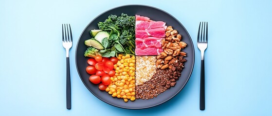 Food wheel plate with tuna, nuts, seeds, vegetables, & tomatoes on light blue