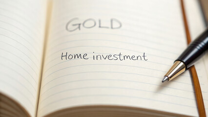 Home gold safe investment concept written on notebook with pen for financial planning and secure future ideas