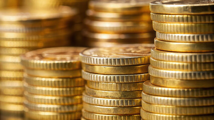 Gold coin stacks represent safe investment for home savings and financial growth with warm and secure feeling