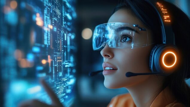 Focused woman wearing futuristic smart glasses and headset interacting with a digital interface glowing with blue data and codes