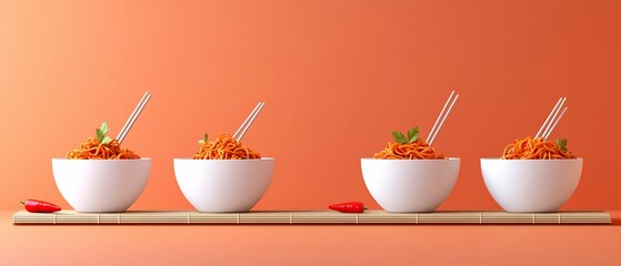 Four bowls of noodles with chopsticks on an orange surface