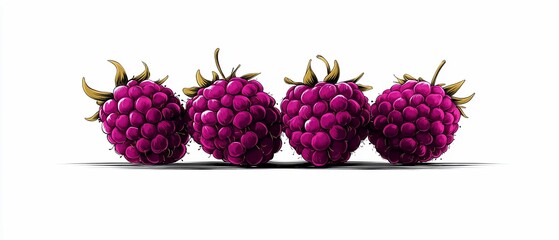 Four ripe raspberries, magenta color, with leafy crowns, casting shadows