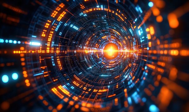 Futuristic digital tunnel with glowing orange and blue data streams converging at a bright central point creating a dynamic and immersive cybernetic environment - Powered by Adobe