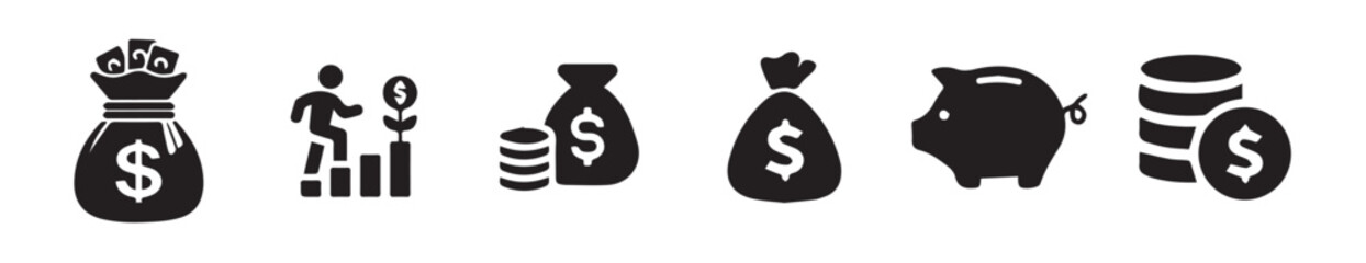 Money and Finance Icon Set. Dollar Bag, Piggy Bank, Coin Stack, Euro and Dollar Symbols for Budget and Savings Design.vector illustration eps 10.