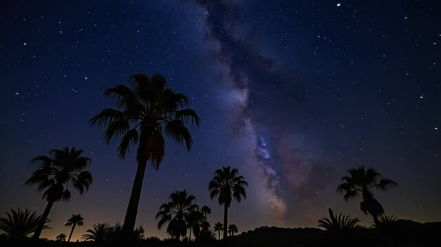 Starry night over palm trees in the desert showcasing a stunning galaxy view