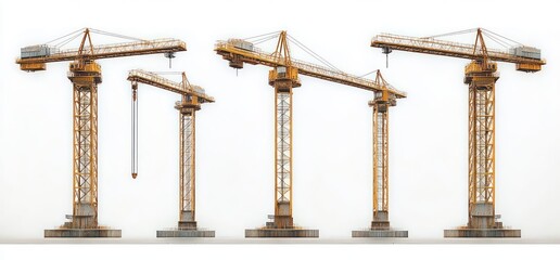 Five large yellow construction cranes standing in a row on a white background symbolizing construction and industrial work