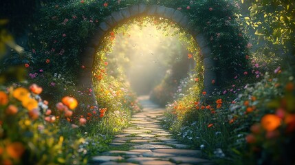 Sunlit stone path winding through an arched garden tunnel covered with lush flowering plants and vibrant colorful flowers creating a magical inviting atmosphere