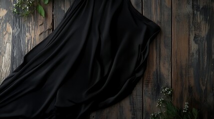Black fabric drape on rustic wood