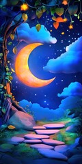 Crescent Moon Glows Over a Path Through a Night Fantasy Landscape