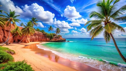 Naklejka premium A bright turquoise ocean scene with a sunny beach and palm trees surrounding a bright pink sandstone formation , tropical landscape, sunny beach