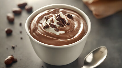 Creamy chocolate pudding in white cup topped with whipped cream and chocolate shavings, creating delicious dessert scene