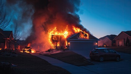 Residential house engulfed in flames at night