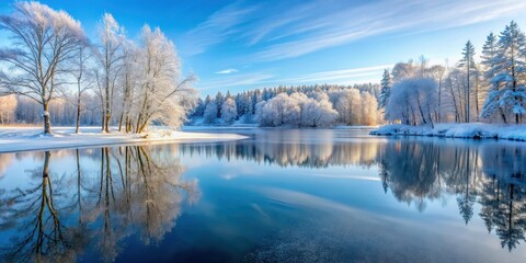 Fototapeta premium Frozen lake in winter forest with bare trees and snow-covered landscape, serene atmosphere