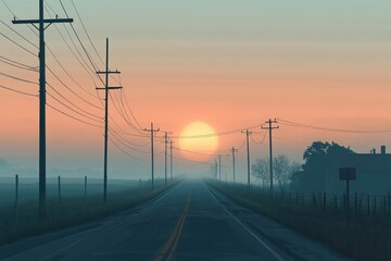 Serene sunrise over a misty country road