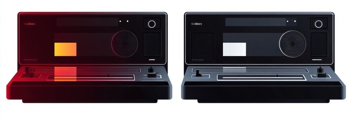Fototapeta premium Two vintage black reel-to-reel tape recorders side by side with illuminated control panels and speakers, showcasing retro audio technology and minimalistic design