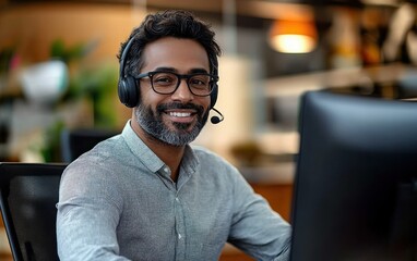 Smiling man with glasses wearing a headset sitting at a desk in an office environment using a computer
