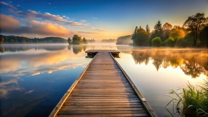 Fototapeta premium Serene wooden pier stretching into a mirror-like calm lake at sunrise with misty atmosphere and reflections, sunrise, wooden pier