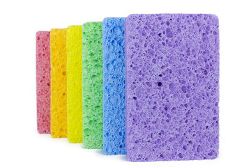 Colorful kitchen sponges lined up against a white background, showcasing a spectrum of cleaning supplies. Absorbent cellulose sponges in pink, yellow, light green, blue, and purple.