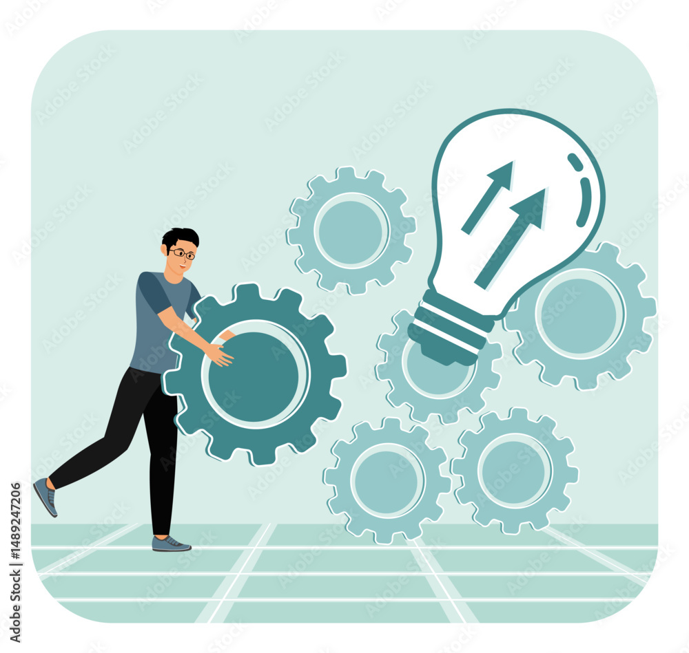 Poster project progress or development to increase performance concept, showing gears and light bulb.