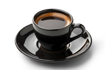 A black cup of coffee isolated on white or transparent background