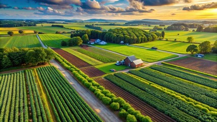Fototapeta premium Aerial view of a lush green farm with crops ready for harvest, showcasing mature and healthy plants amidst the vibrant landscape