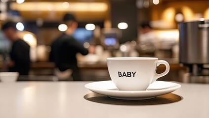 Fototapeta premium Coffee cup with cafe, baristas, and bokeh.