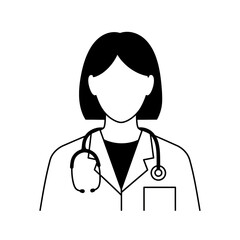 Line drawing of a female doctor with a stethoscope and lab coat in black and white illustration style