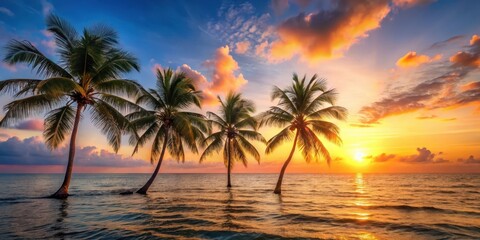 Palm trees swaying gently in ocean breeze, tropical, sunset,  tropical, sunset