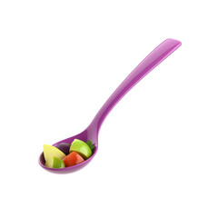 Colorful Fruit Salad in Purple Spoon - Healthy Eating Concept