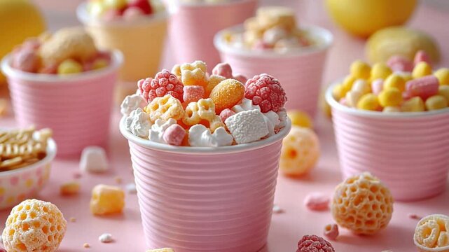Sweet Treats in Pink Cups: Colorful cereal, popcorn, and candy in pink cups create a vibrant and cheerful scene, perfect for celebrating a birthday or special occasion.