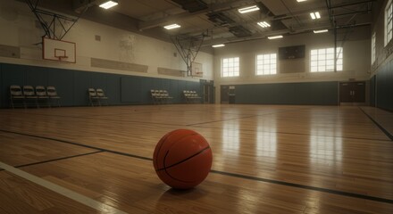 Empty basketball court.  A single ball rests on the hardwood floor of a gymnasium