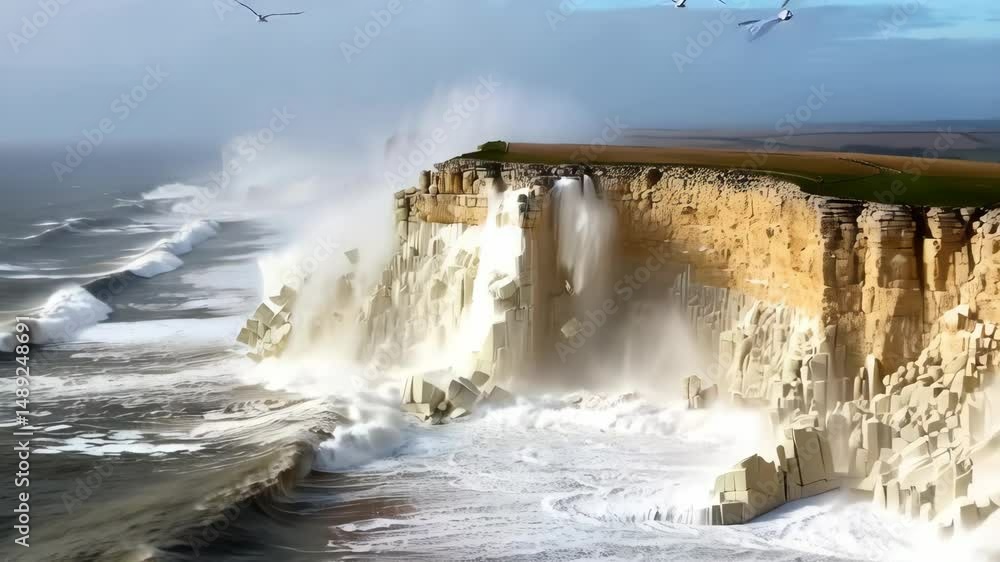 Poster turbulent ocean waves crashing against the jagged cliffside with strong foamy splash and seabirds fl