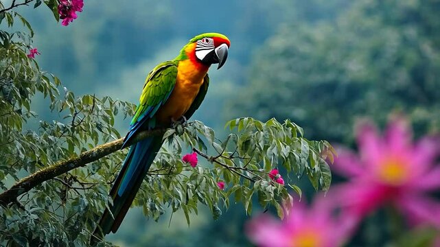A vibrant parrot perched on a branch amidst lush green foliage and pink blossoms, set against a soft-focus background