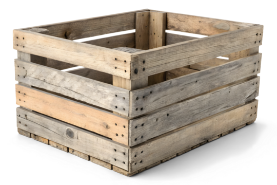 A empty wooden vegetable or fruit box isolated on white or transparent background