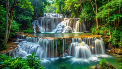 Obraz premium Huay Mae Kamin Waterfall in Lush Forest, vegetation, nature, vegetation, nature, misty atmosphere