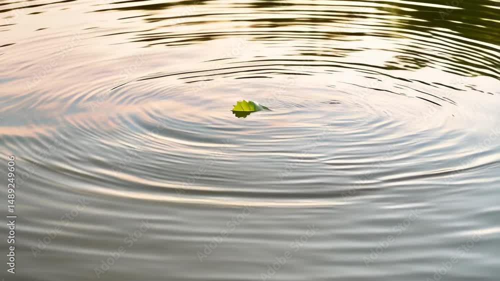 Poster small green leaf floating on rippling water creating circular waves and peaceful, serene reflection 