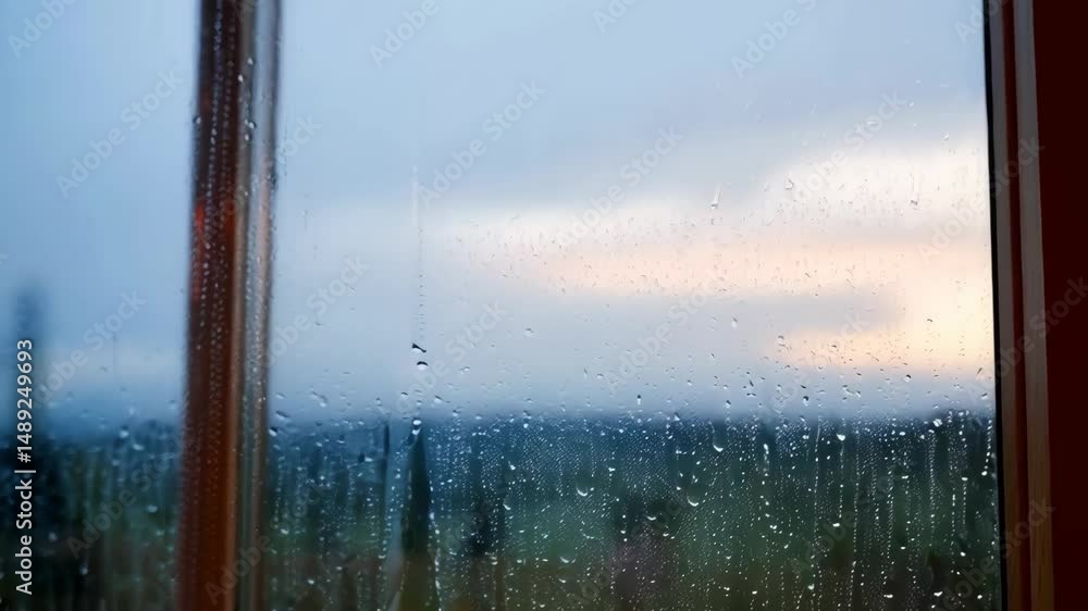 Poster Raindrops cascading down a window pane, creating a blurred view of a distant field and sky, conveying a sense of tranquility on rainy day.
