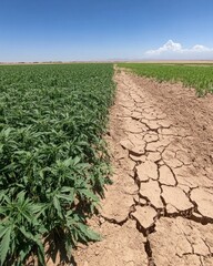 Crop comparison. Green plants thrive next to dry cracked soil, clouds in background. Climate change concepts