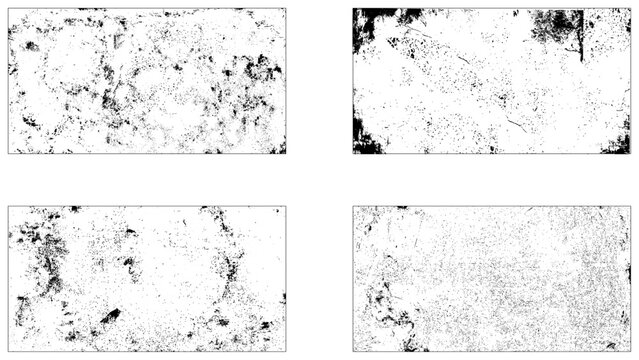 Grunge material monochrome set textures with dirty old surfaces with scratches, damage for magazine cover design vector illustration.
