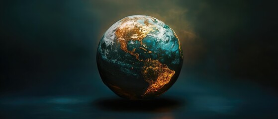 Naklejka premium A stunning digital representation of Earth, showcasing vibrant continents and swirling oceans, illuminated by a warm glow, set against a dark atmospheric background