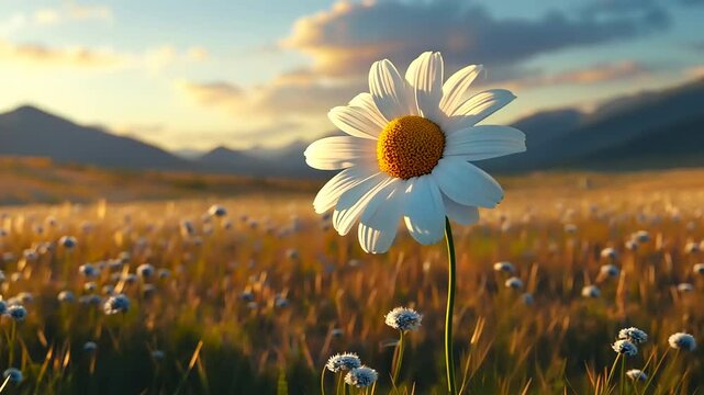 Single daisy stands tall in a field of wildflowers at sunset, mountains in the distance