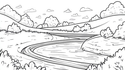 Fototapeta premium Serene countryside river landscape, idyllic background, nature scene, coloring page
