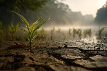 Fototapeta premium Emerging Plant Growth in a Misty Wetland at Dawn Nature Photography with Serene Environment
