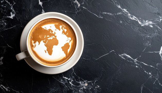 A coffee cup with a world map latte art resting on a dark, marbled surface, evoking travel