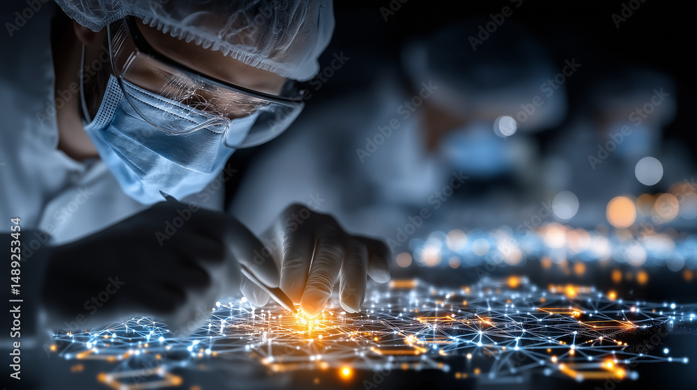 Poster precision in process: a focused technician meticulously works on intricate circuit board components,