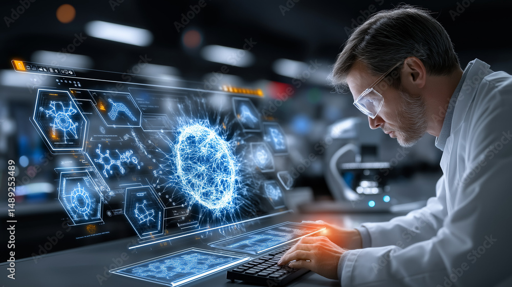 Poster unveiling scientific insight: a dedicated scientist meticulously examines a high-tech, illuminated d