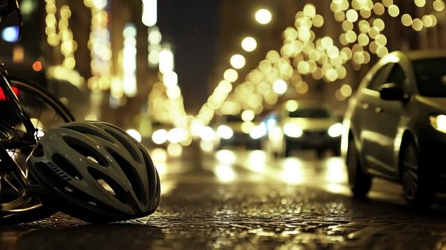Bicycle and helmet on cobblestone street at night, with blurred city lights and vehicles