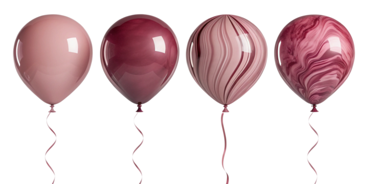 Glossy maroon and burgundy swirl balloons with artistic marble texture – helium-filled party decorations isolated on tranparent background - Powered by Adobe